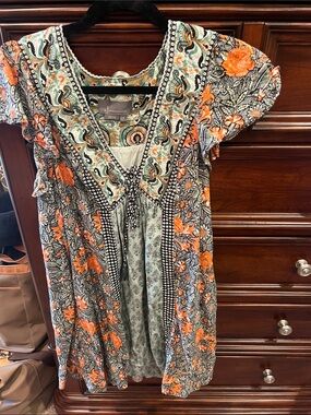 Anthropologie Mixed Floral Boho Tunic Dress in Orange & Sage